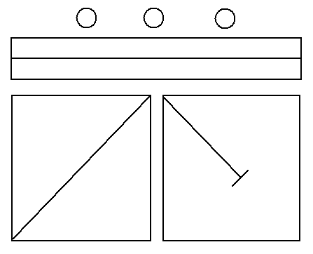 three circles above a two-layer bar, with two squares underneath with diagonal lines crossing from inner top to outer bottom corners. The line on the right ends 3/4 way to the bottom right, and it ends in a "t"